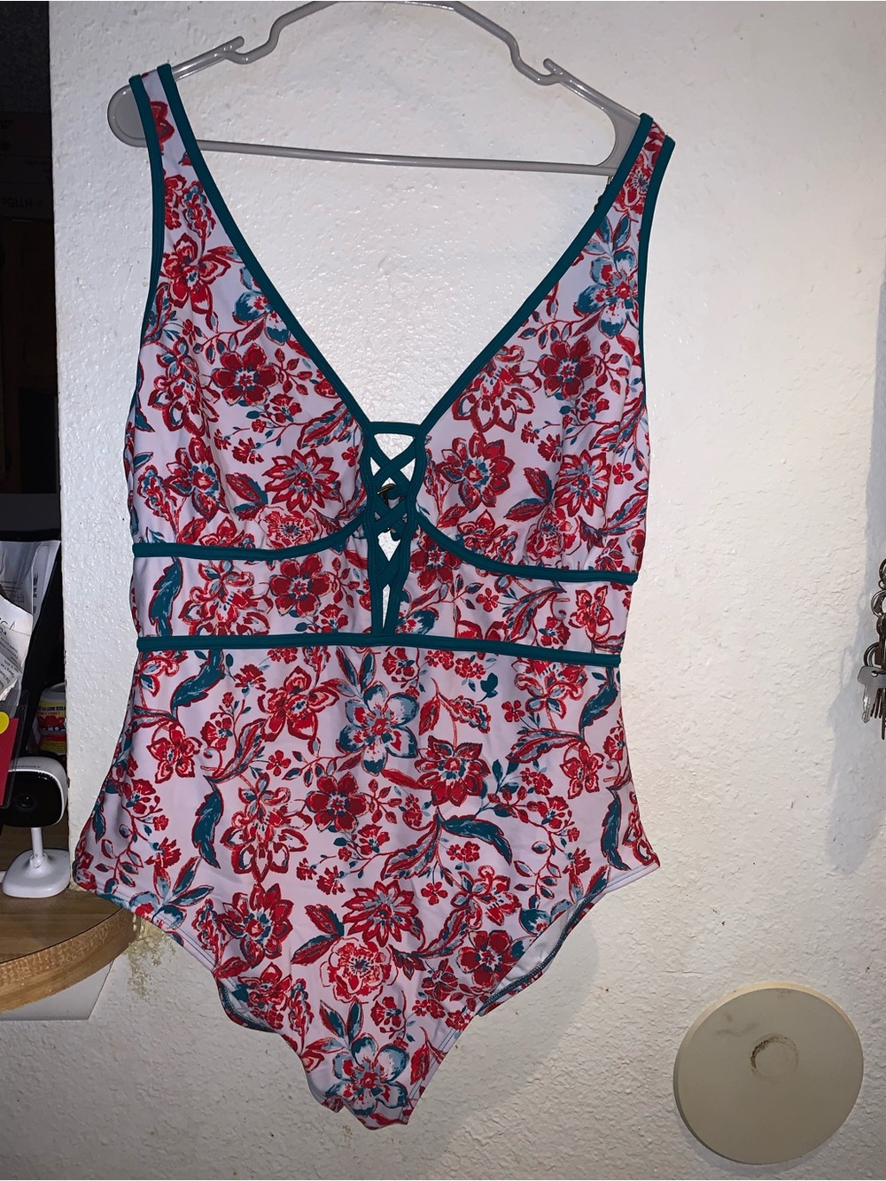 SHEIN Red Floral One-Piece Swimsuit with Teal Trim